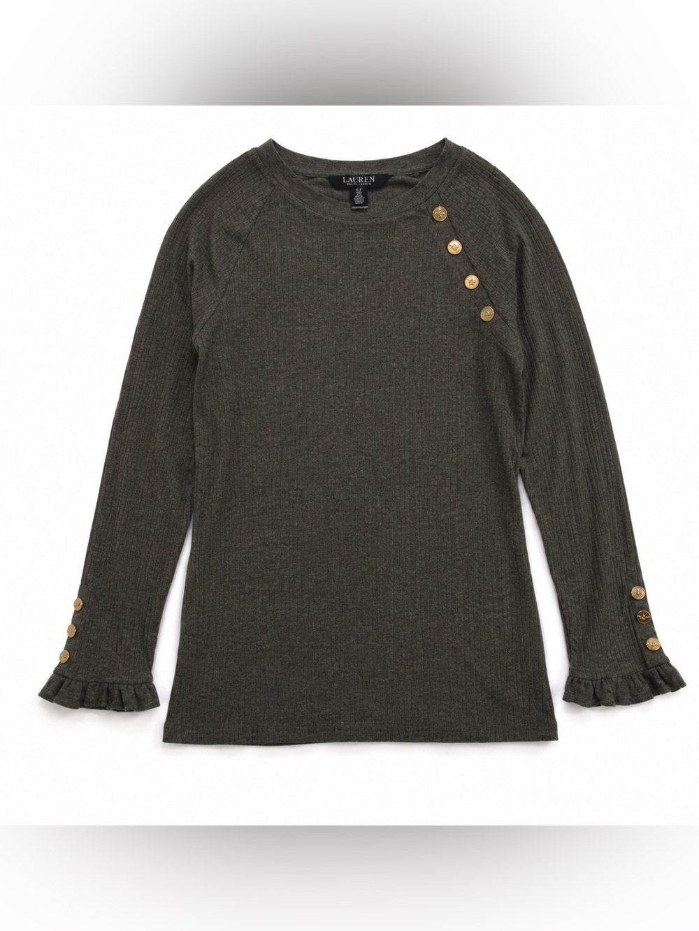 Ralph Lauren Gray Ribbed Long-Sleeve Top with Gold Shoulder Buttons Size S GUC